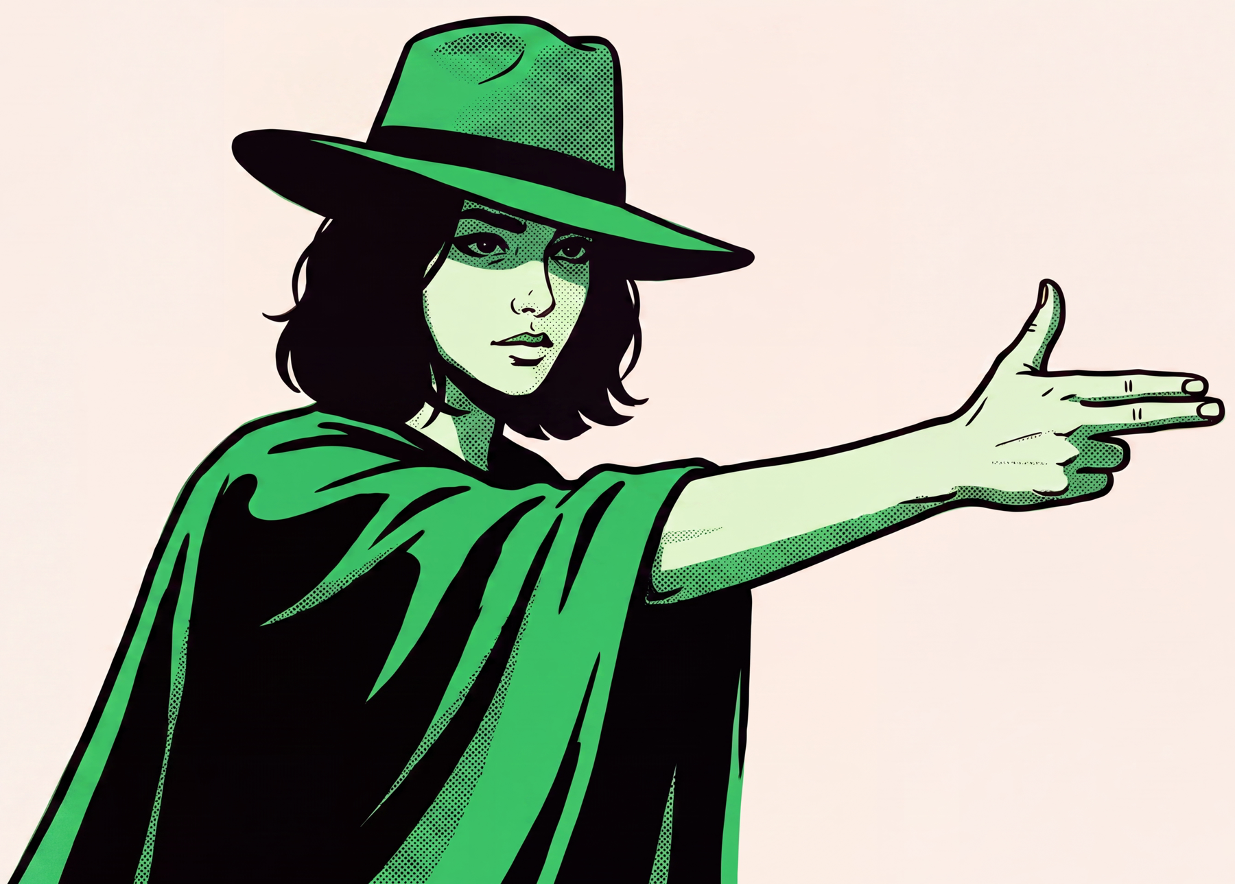 Ilustração de uma pistoleira de chapéu e poncho verde apontando a mão em formato de arma